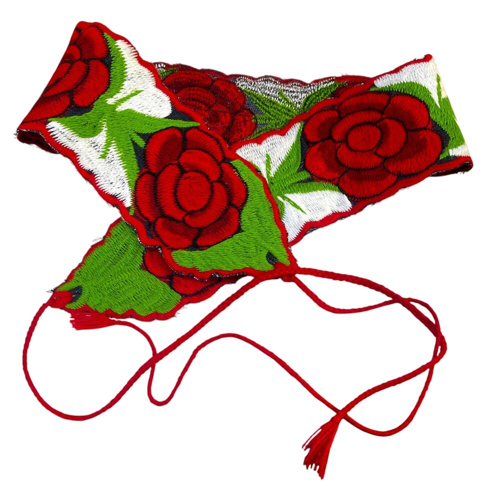 Mexican Style Red Rose Embroidered Sash Belt Floral Wrap Tie Boho 79"